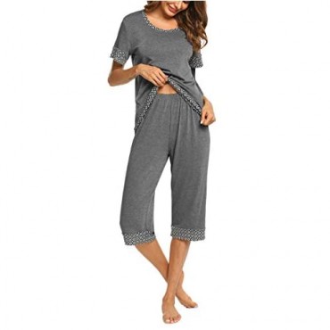 Hotouch Women's Pajama Set Stylish Print O-Neck Short Sleeves Top with Capri Pants Sleepwear Pjs Sets