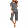 Hotouch Women's Pajama Set Stylish Print O-Neck Short Sleeves Top with Capri Pants Sleepwear Pjs Sets
