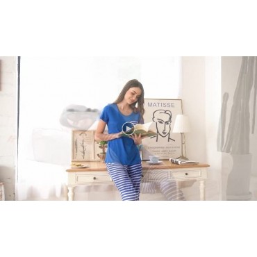 Hotouch Womens Pajama Set V-Neck Short Sleeve Shirt & Striped Capri Pants Sleepwear Pjs Sets