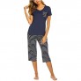 Hotouch Womens Pajama Set V-Neck Short Sleeve Shirt & Striped Capri Pants Sleepwear Pjs Sets