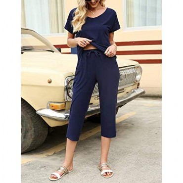 Irevial Womens Lounge Sets 2 Piece Outfits Off Shoulder Tops and Capri Pants Loose Pajamas with Pockets