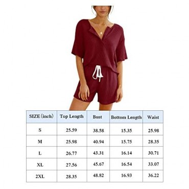 KIKIBERRY Women's Short Sleeve Lounge Set with Short Casual 2 Piece Knit V Henly Neck Outfit Sleepwear Pajamas