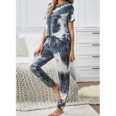 KIRUNDO Women's Two Piece Pajamas Set Tie Dye Printed Short Sleeves T-Shirt Long Pants Joggers Sleepwear Lounge Set with Belt