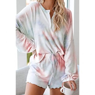 Lopie Womens Pajamas Set Long Sleeve Tops and Shorts Sleepwear Tie Dye Printed 2 Piece Nightwear
