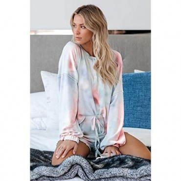 Lopie Womens Pajamas Set Long Sleeve Tops and Shorts Sleepwear Tie Dye Printed 2 Piece Nightwear