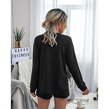 Lveberw Pajamas Set Womens Long Sleeve Sweatshirt with Shorts Lounge Set Casual Two Piece Sleepwear Pjs