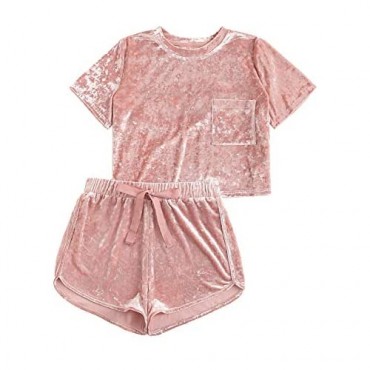 MakeMeChic Women's 2 Piece Outfits Velvet Crop Top Tee Shirt and Shorts Pajama Sets