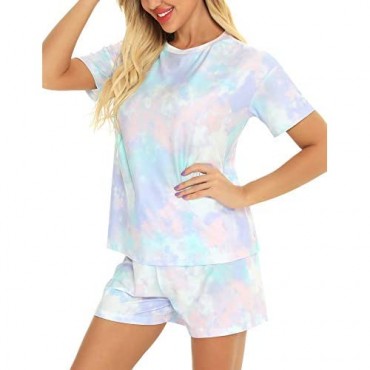 Mathea Womens 2 Piece Pajamas Set Tie Dye Printed Short Lounge Set Short Sleeve Tops and Shorts Sleepwear
