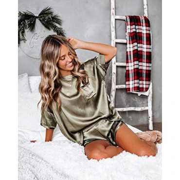 Metietila Women's Silk Satin Pajamas Set Short Sleeve Pj Sets Shorts Sleepwear Loungewear Two-Piece for Women