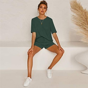 PRETTYGARDEN Women’s Casual Two Piece Outfits Sets Knit Short Sleeve Tops With Shorts Tracksuit Lounge Pajama Jogger Set