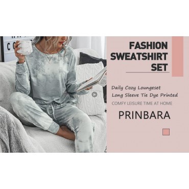 Prinbara Womens Tie Dye Printed Loungewear Set Long Sleeve Tops and Long Pants PJS Sets