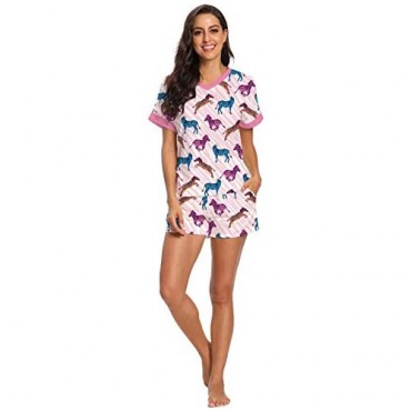 RAISEVERN Women's Pajamas Set Short Sleeve Shirt and Pant Pjs Set Cute Print Tee Sleepwear Nightwear Set with Pockets