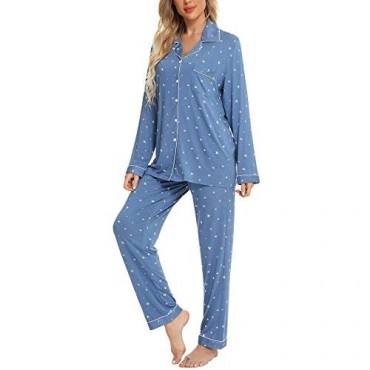 Samring Women's Button Down Pajama Set V-Neck Long Sleeve Sleepwear Soft Pj Sets S-XXL