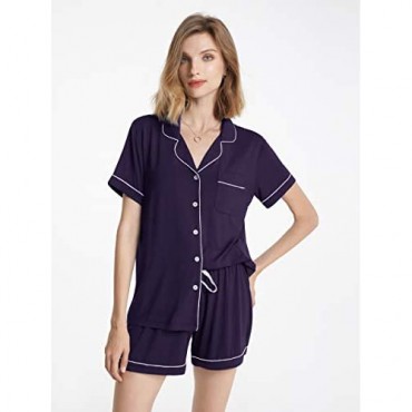 SIORO Short Notched Collar Pajamas for Women Soft Modal Cotton Short Sleeve Button Down Pajama Set Sleepwear