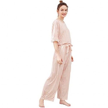 SweatyRocks Women's Pajama Set Lace Sleepwear Set Top and Pant Pj Set with Pockets