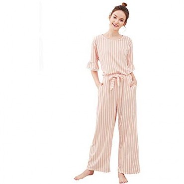SweatyRocks Women's Pajama Set Lace Sleepwear Set Top and Pant Pj Set with Pockets