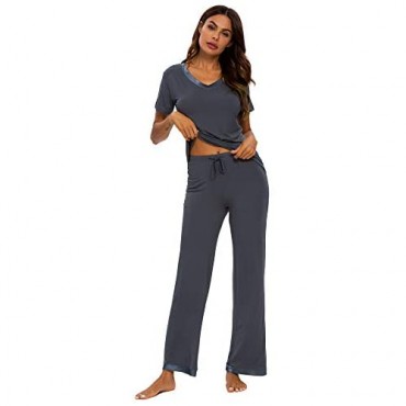TIKTIK Womens Bamboo Viscose Pajama Set Comfy Sleepwear Short Sleeve Top with Pants Pjs Petite Plus Size S-4XL