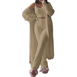 TOLENY Women's Sexy Warm Fuzzy Fleece 3 Piece Outfits Pajamas Sherpa Coat Jacket Outwear Strap Crop Top Shorts Set