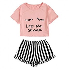 WDIRARA Women's Sleepwear Closed Eyes Print Tee and Shorts Cute Pajama Set