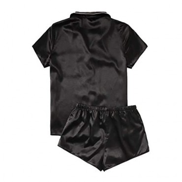 WDIRARA Women's Sleepwear Satin Short Sleeve Button Shirt and Shorts Pajama Set