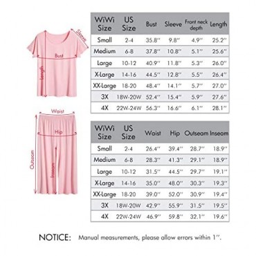 WiWi Bamboo Pajamas for Women Soft Pajama Sets Short Sleeves Top with Capri Pants Pjs Plus Size Loungewear S-4X