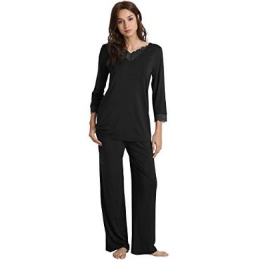 WiWi Bamboo Soft Pajamas Sets for Women Long Sleeve Sleepwear Laced V Neck Top with Pants Plus Size Loungewear S-4X