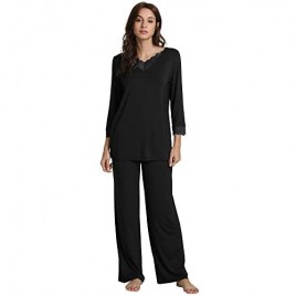 WiWi Bamboo Soft Pajamas Sets for Women Long Sleeve Sleepwear Laced V Neck Top with Pants Plus Size Loungewear S-4X