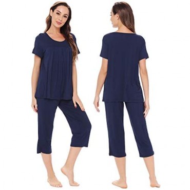 WiWi Bamboo Women's Pleated Loungewear Top and Capris Pajamas Set Short Sleeve Sleepwear Comfy Scoop Neck Pjs S-XXL