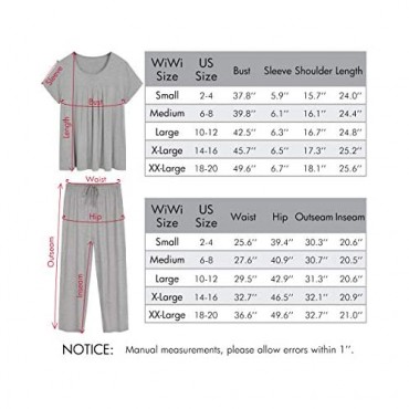 WiWi Bamboo Women's Pleated Loungewear Top and Capris Pajamas Set Short Sleeve Sleepwear Comfy Scoop Neck Pjs S-XXL