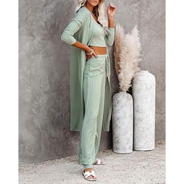Womens Pajamas Set Spring 3 Piece Loungewear Set Crop Vest Top Loose Pants and Cardigan Knitwear Jumpsuit Warm