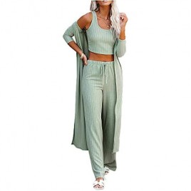 Womens Pajamas Set Spring 3 Piece Loungewear Set Crop Vest Top Loose Pants and Cardigan Knitwear Jumpsuit Warm