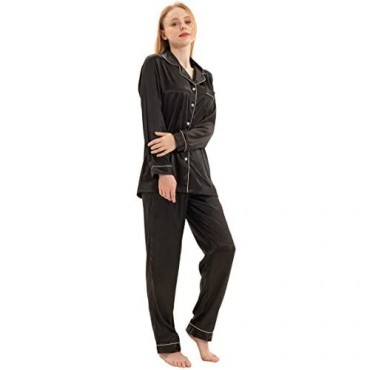 YIMANIE Womens Silky Satin Pajamas Set Classic Sleepwear Loungewear