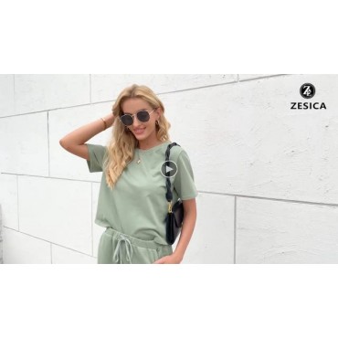 ZESICA Women's Summer Two Piece Pajamas Set Casual Short Sleeve Crop Top and Shorts Sleepwear Sweatsuit Tracksuit with Pocket