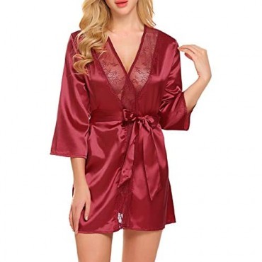ADOME Women Short Satin Kimono Robe Lingerie Nightgown Sleepwear Silk Bathrobe Pure Color