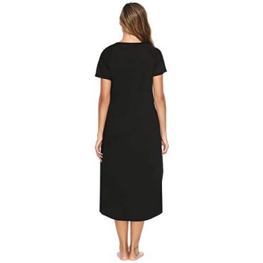 Aibrou Women's Cotton V Neck Long Nightshirt Short Sleeve Nightgown S-XXL