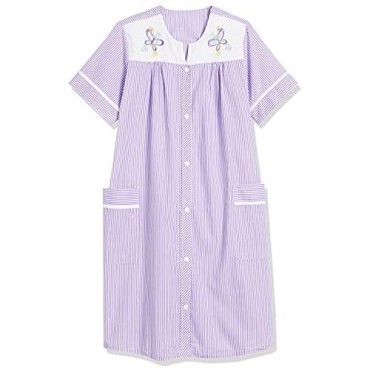 AmeriMark Women’s Embroidered House Coat – Short Sleeve Dress with Front Pockets