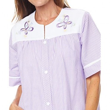 AmeriMark Women’s Embroidered House Coat – Short Sleeve Dress with Front Pockets