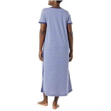 AmeriMark Womens Striped Knit Lounger V Neck Long T Shirt Nightgown Sleepwear