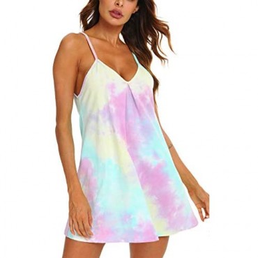 AVIIER Nigthgowns for Women Cotton Sleep Shirt Tie dye Night Dress V Neck Sleeveless Sleepwear Short Chemise S-XXL