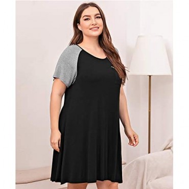 BEDEWA Nightgowns for Women Plus Size Pajamas Short Sleeve Sleepwear Color Block T-Shirt Dress Nightshirt with Pocket