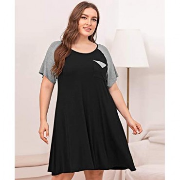BEDEWA Nightgowns for Women Plus Size Pajamas Short Sleeve Sleepwear Color Block T-Shirt Dress Nightshirt with Pocket