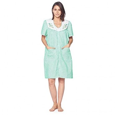 Casual Nights Women's Zipper Front House Dress Short Sleeves Embroidered Seersucker Housecoat Duster Lounger - Dots Green - Large