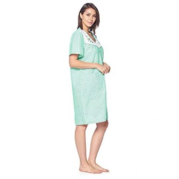 Casual Nights Women's Zipper Front House Dress Short Sleeves Embroidered Seersucker Housecoat Duster Lounger - Dots Green - Large
