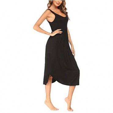 Coshow Long Sleep Dress Womens Full Length Tank Dress Sleeveless Pleated Loungewear Sleepwear S-XXL