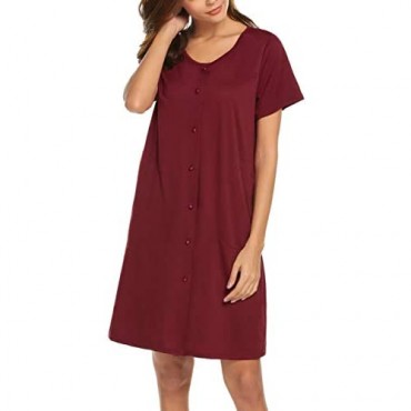 Ekouaer Nightgown Womens Scoop Neck Sleep Shirts Short Sleeve Sleepwear Button Down Nightshirt S-XXL