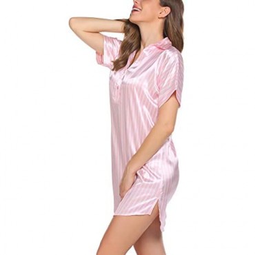 Ekouaer Nightgowns for Women Sexy Satin Nightshirt Short Sleeves Sleepshirt V-Neck Sleepwear Dress with Button S-XXL