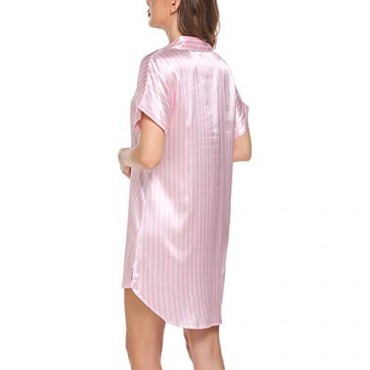 Ekouaer Nightgowns for Women Sexy Satin Nightshirt Short Sleeves Sleepshirt V-Neck Sleepwear Dress with Button S-XXL