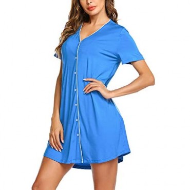 Ekouaer Sleepwear Women's Night Shirt Short Sleeve Casual Sleepshirt Button Down Nightgown S-XXL