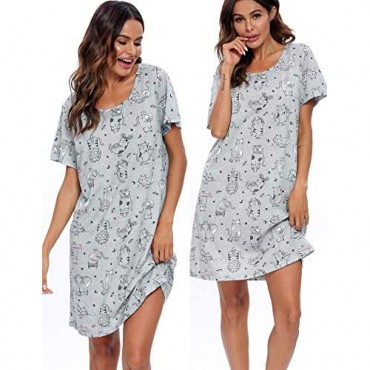 ENJOYNIGHT Womens' Short Sleeve Nightgown Print Sleep Dress Cute Sleepwear