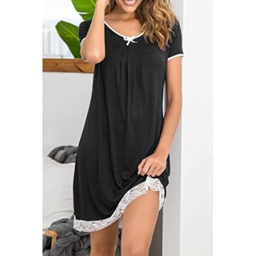 Hotouch Women's Nightgown Short Sleeve Sleepwear Comfy Sleep Shirt Dress Lace Trim Scoopneck Nightshirt S-XXL